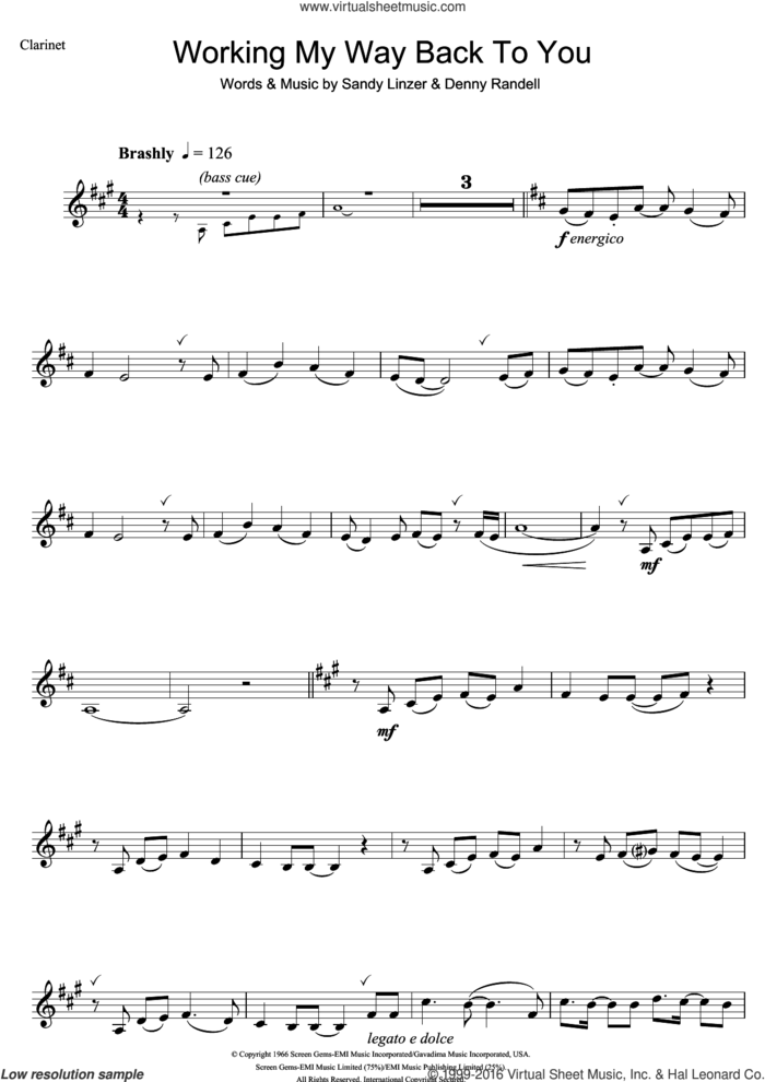 Working My Way Back To You sheet music for clarinet solo by The Four Seasons, Denny Randell and Sandy Linzer, intermediate skill level