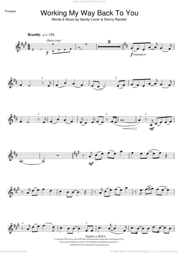 Working My Way Back To You sheet music for trumpet solo by The Four Seasons, Denny Randell and Sandy Linzer, intermediate skill level