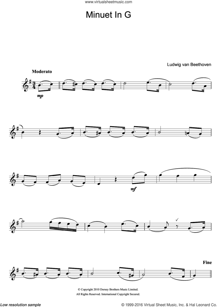 Minuet In G sheet music for flute solo by Ludwig van Beethoven, classical score, intermediate skill level