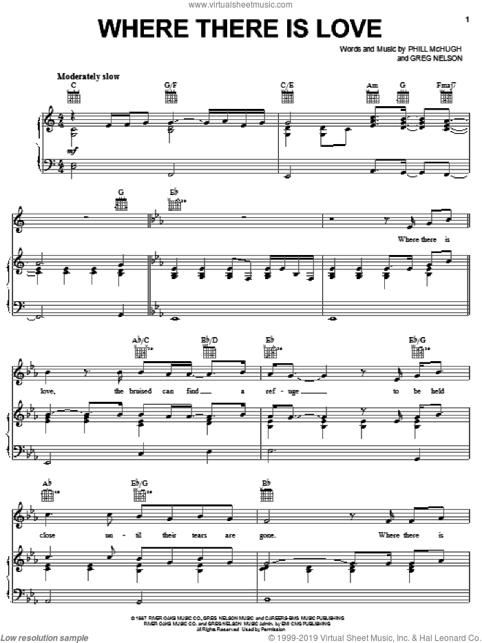 Where There Is Love sheet music for voice, piano or guitar by Phill McHugh and Greg Nelson, wedding score, intermediate skill level