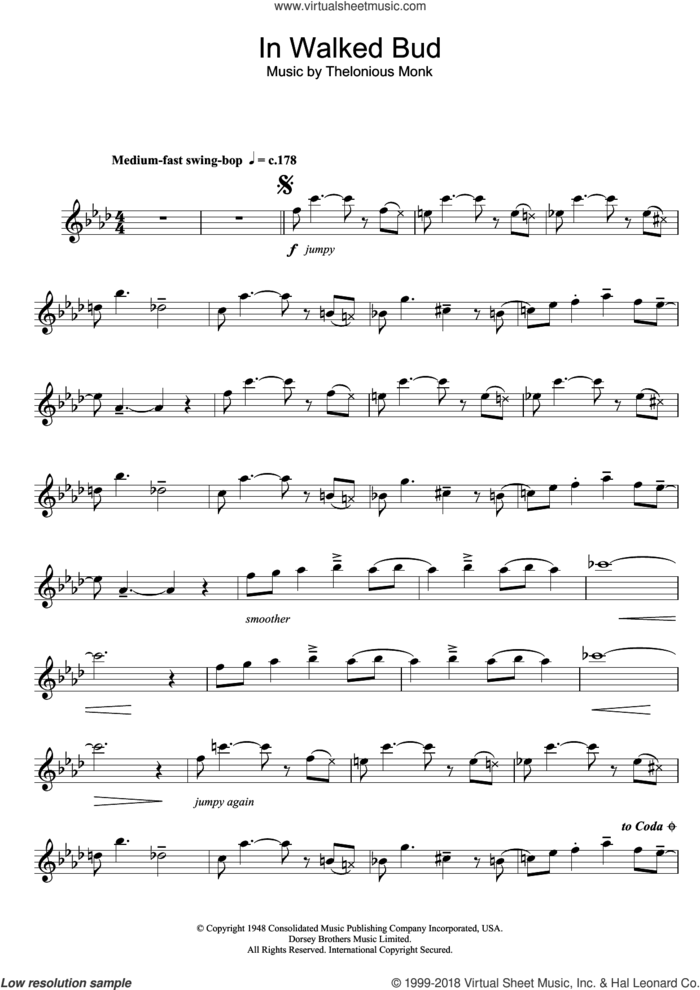 In Walked Bud sheet music for flute solo by Thelonious Monk, intermediate skill level