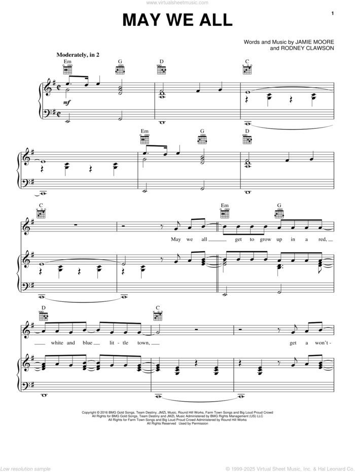 May We All sheet music for voice, piano or guitar by Florida Georgia Line feat. Tim McGraw, Florida Georgia Line, Jamie Moore and Rodney Clawson, intermediate skill level