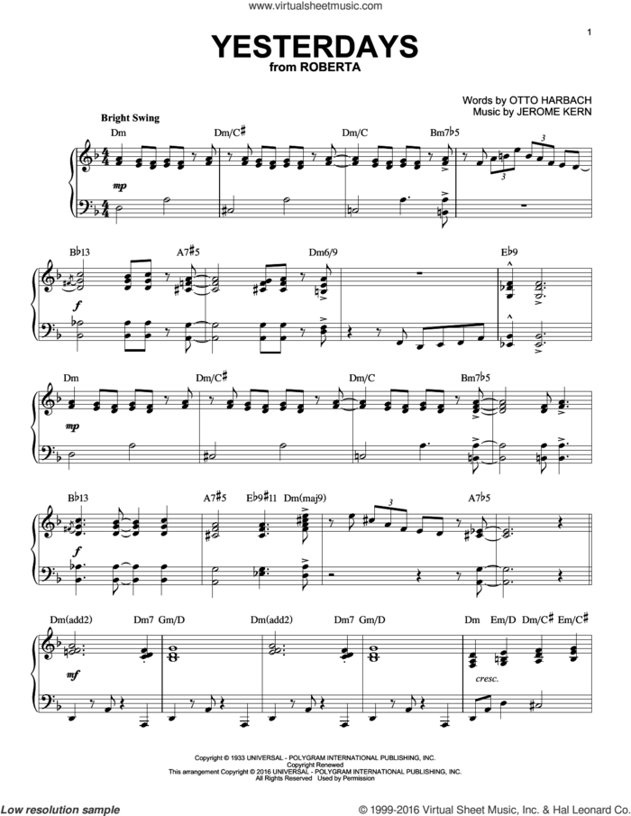 Yesterdays (arr. Brent Edstrom) sheet music for piano solo by Jerome Kern and Otto Harbach, intermediate skill level
