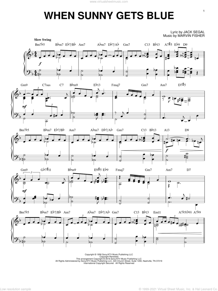 When Sunny Gets Blue (arr. Brent Edstrom) sheet music for piano solo by Marvin Fisher and Jack Segal, intermediate skill level
