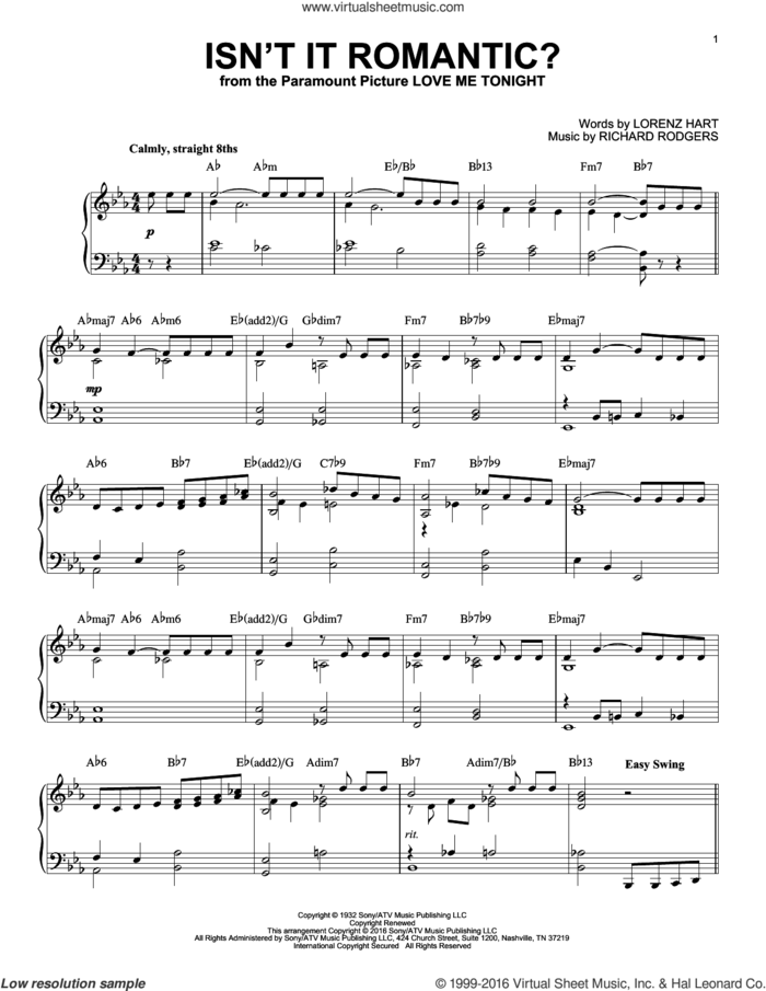 Isn't It Romantic? (arr. Brent Edstrom) sheet music for piano solo by Rodgers & Hart, Shirley Horn, Lorenz Hart and Richard Rodgers, intermediate skill level