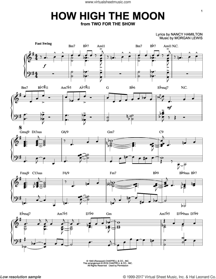 How High The Moon (arr. Brent Edstrom) sheet music for piano solo by Les Paul & Mary Ford, Morgan Lewis and Nancy Hamilton, intermediate skill level