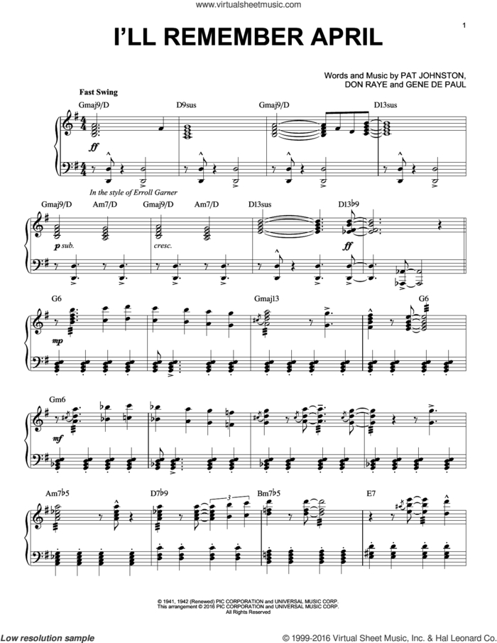 I'll Remember April (arr. Brent Edstrom) sheet music for piano solo by Woody Herman & His Orchestra, Don Raye, Gene DePaul and Pat Johnston, intermediate skill level