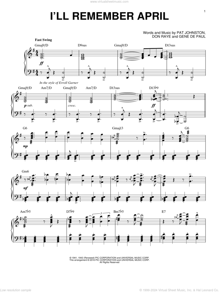 I'll Remember April (arr. Brent Edstrom) sheet music for piano solo by Woody Herman & His Orchestra, Don Raye, Gene DePaul and Pat Johnston, intermediate skill level