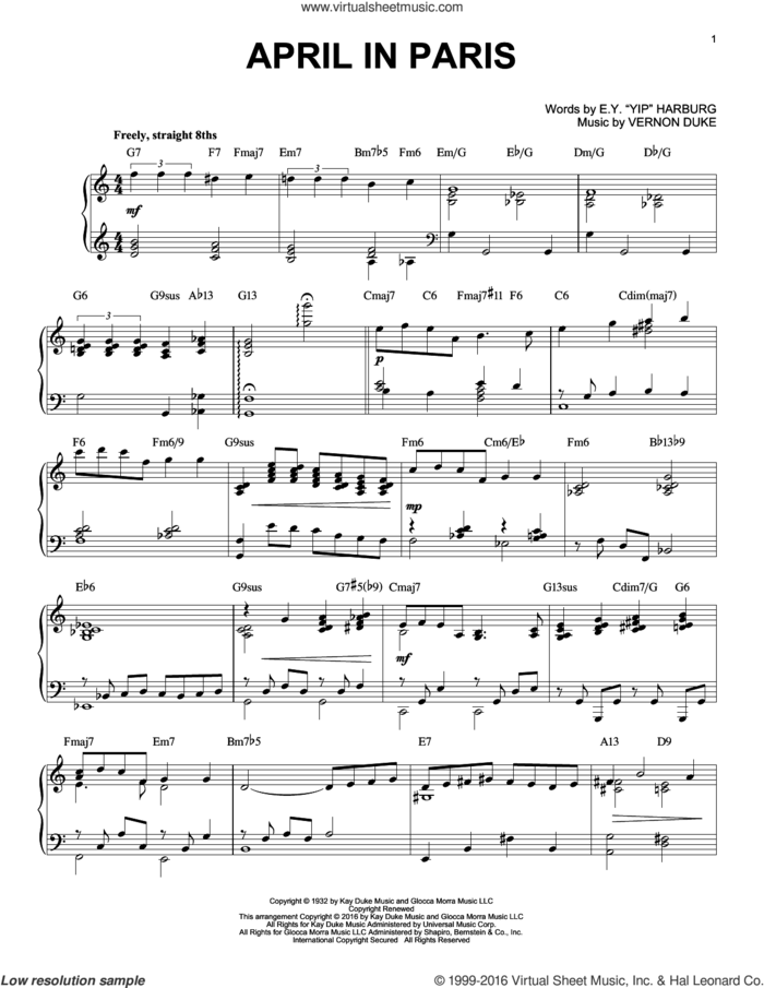 April In Paris (arr. Brent Edstrom) sheet music for piano solo by Count Basie, Coleman Hawkins, Modernaires, E.Y. Harburg and Vernon Duke, intermediate skill level