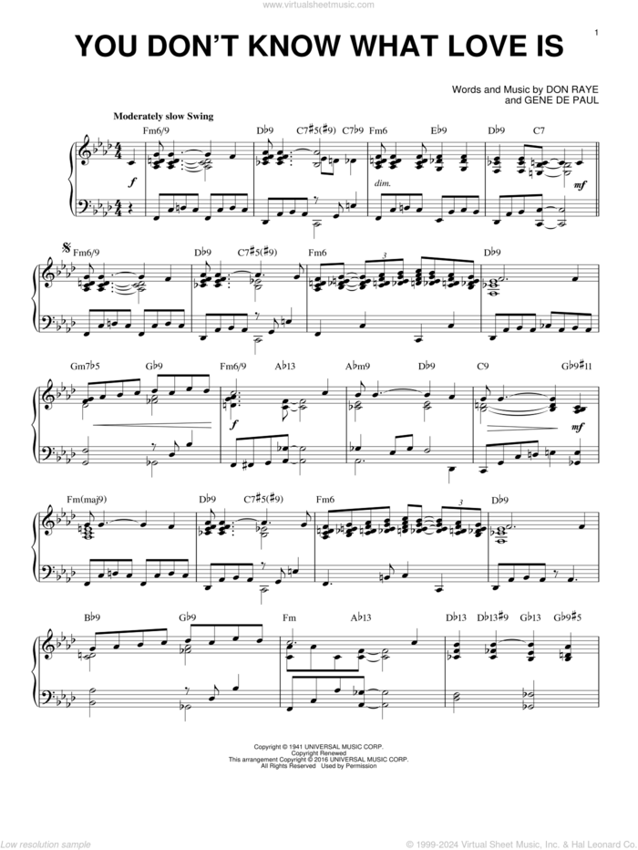 You Don't Know What Love Is (arr. Brent Edstrom) sheet music for piano solo by Carol Bruce, Don Raye and Gene DePaul, intermediate skill level