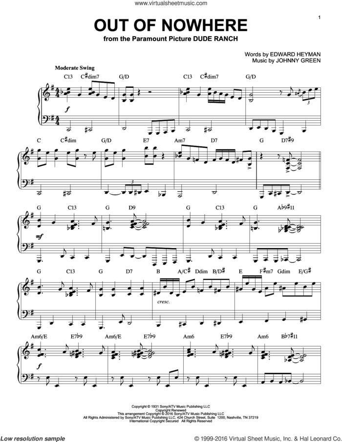 Out Of Nowhere (arr. Brent Edstrom) sheet music for piano solo by Edward Heyman, Buddy DeFranco and Johnny Green, intermediate skill level