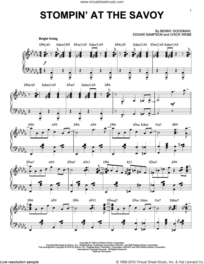 Stompin' At The Savoy (arr. Brent Edstrom) sheet music for piano solo by Benny Goodman, Andy Razaf, Chick Webb and Edgar Sampson, intermediate skill level