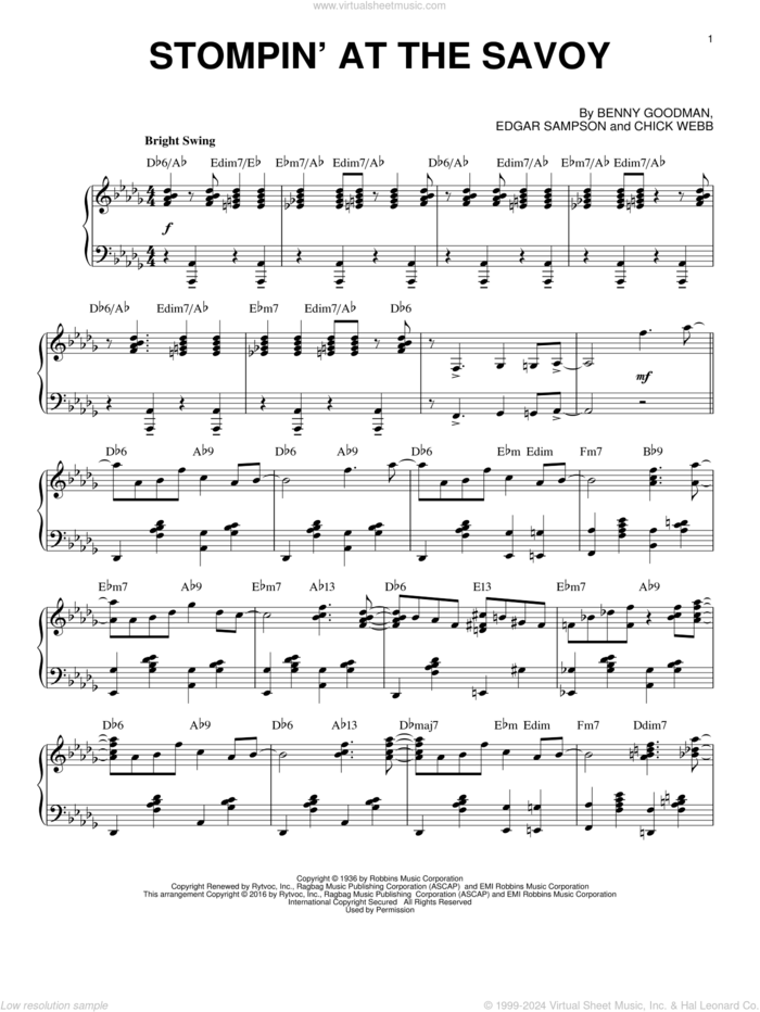 Stompin' At The Savoy (arr. Brent Edstrom) sheet music for piano solo by Benny Goodman, Andy Razaf, Chick Webb and Edgar Sampson, intermediate skill level