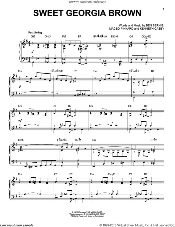 Sweet Georgia Brown (arr. Brent Edstrom) sheet music for piano solo by Count Basie, Ben Bernie, Kenneth Casey and Maceo Pinkard, intermediate skill level