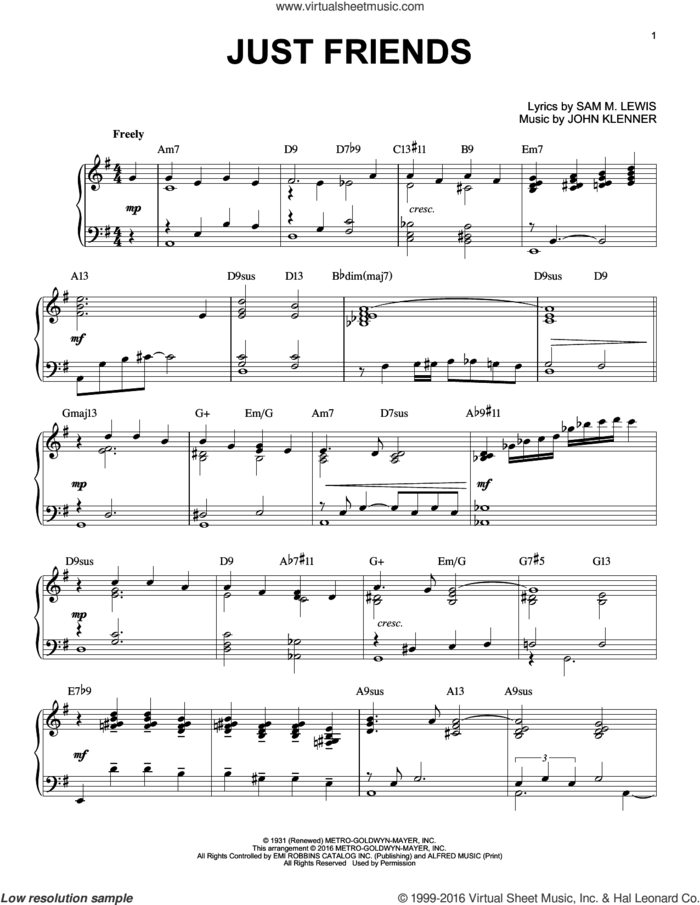 Just Friends (arr. Brent Edstrom) sheet music for piano solo by Sam Lewis and John Klenner, intermediate skill level