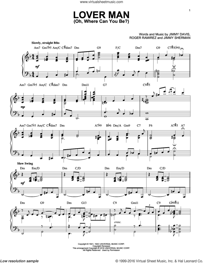 Lover Man (Oh, Where Can You Be?) (arr. Brent Edstrom) sheet music for piano solo by Billie Holiday, Jimmie Davis, Jimmy Sherman and Roger Ramirez, intermediate skill level