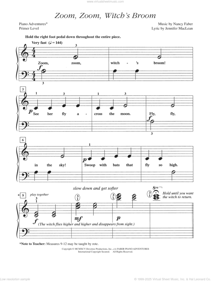 Zoom, Zoom, Witch's Broom sheet music for piano solo by Nancy Faber and Jennifer MacLean, intermediate/advanced skill level