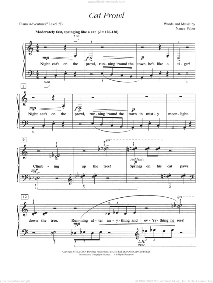 Cat Prowl sheet music for piano solo by Nancy Faber, intermediate/advanced skill level