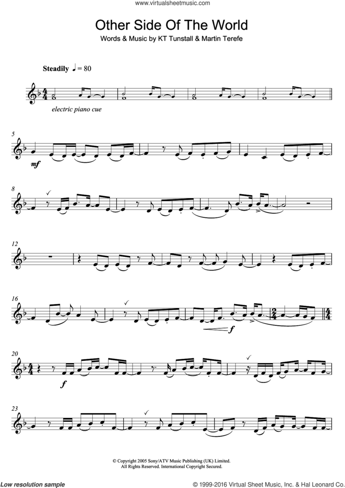 Other Side Of The World sheet music for clarinet solo by KT Tunstall and Martin Terefe, intermediate skill level