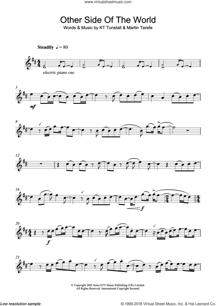 Other Side Of The World sheet music for flute solo by KT Tunstall and Martin Terefe, intermediate skill level