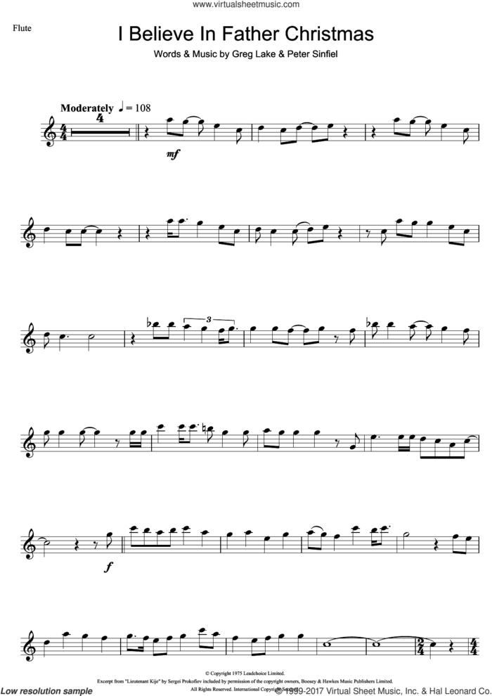 I Believe In Father Christmas sheet music for flute solo by Greg Lake and Peter Sinfield, intermediate skill level