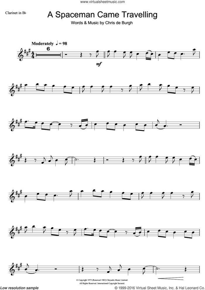 A Spaceman Came Travelling sheet music for clarinet solo by Chris de Burgh, intermediate skill level