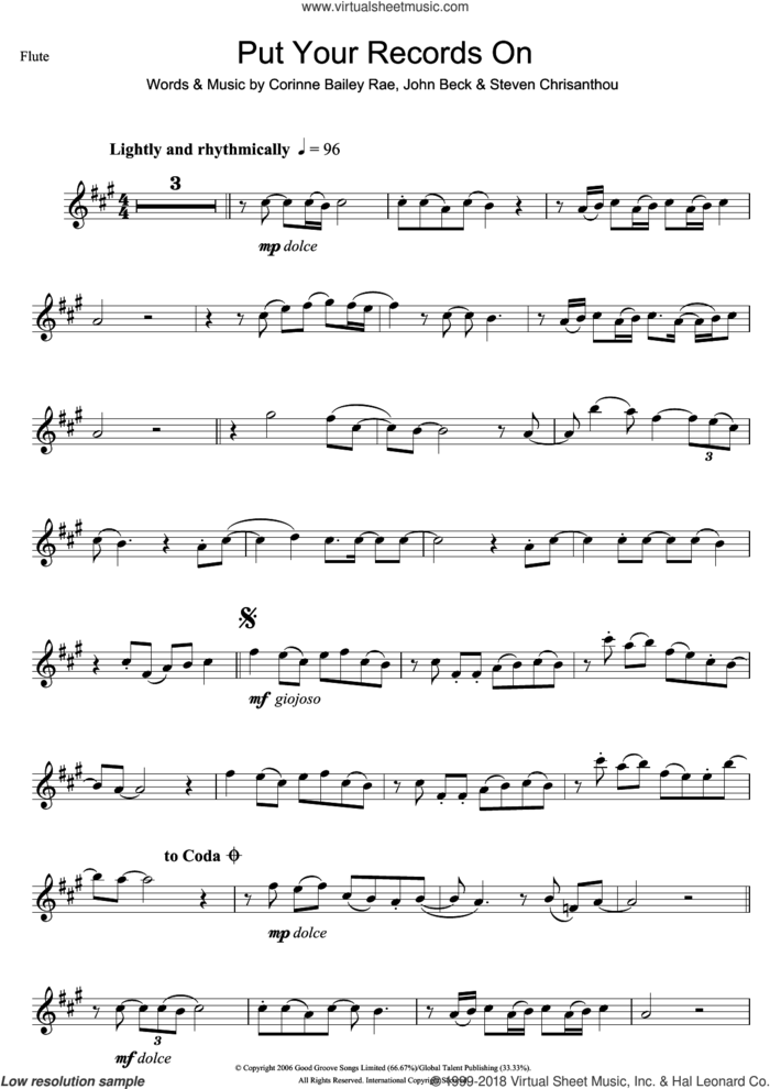 Put Your Records On sheet music for flute solo by Corinne Bailey Rae, John Beck and Steven Chrisanthou, intermediate skill level