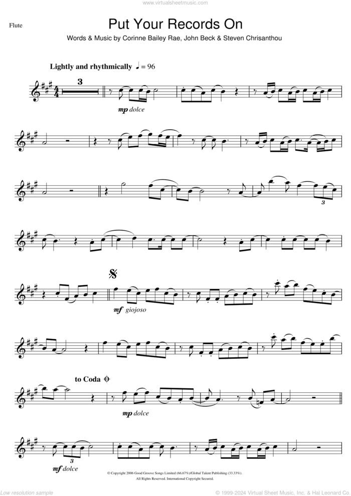 Put Your Records On sheet music for flute solo by Corinne Bailey Rae, John Beck and Steven Chrisanthou, intermediate skill level