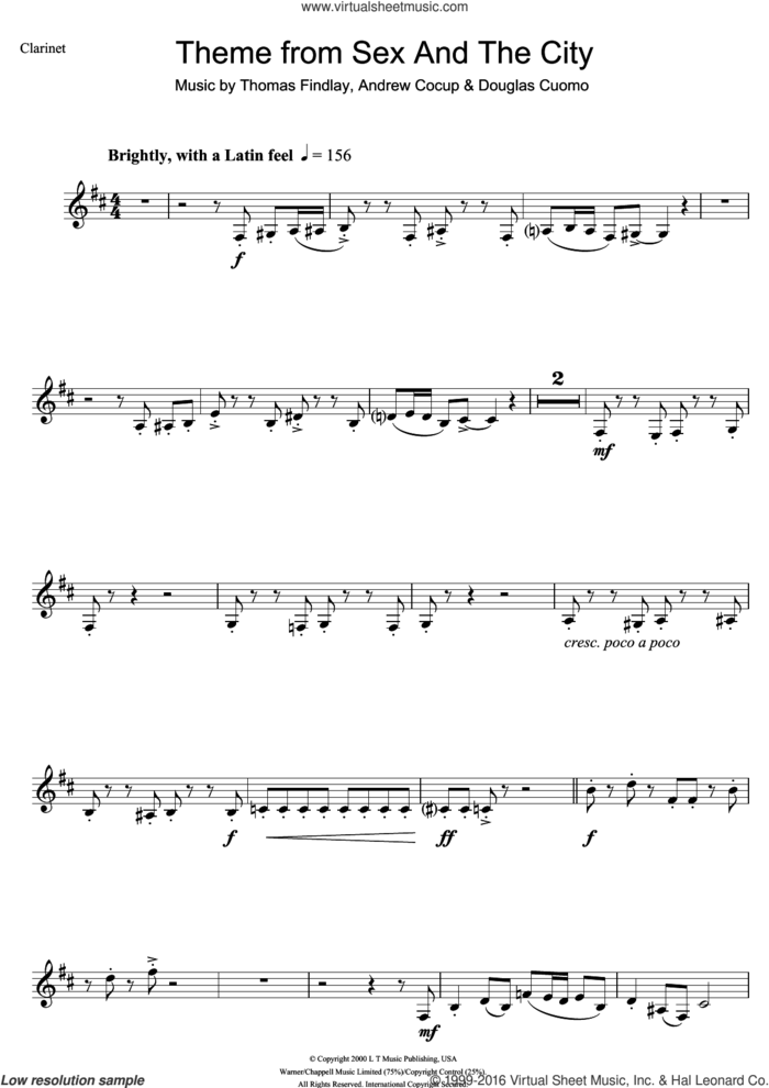 Theme from Sex And The City sheet music for clarinet solo by Thomas Findlay, Andrew Cocup and Douglas Cuomo, intermediate skill level