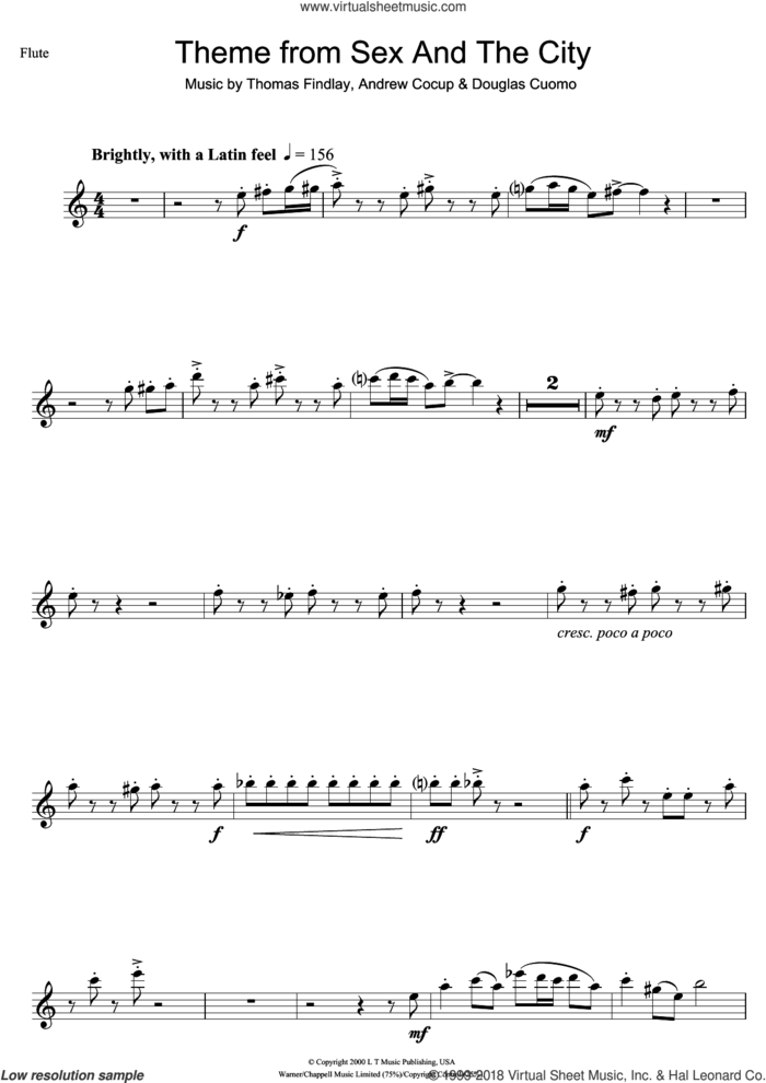 Theme from Sex And The City sheet music for flute solo by Thomas Findlay, Andrew Cocup and Douglas Cuomo, intermediate skill level