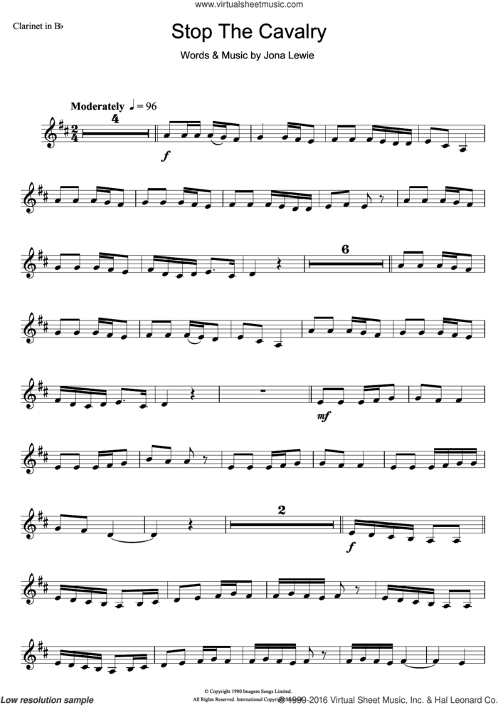 Stop The Cavalry sheet music for clarinet solo by Jona Lewie, intermediate skill level