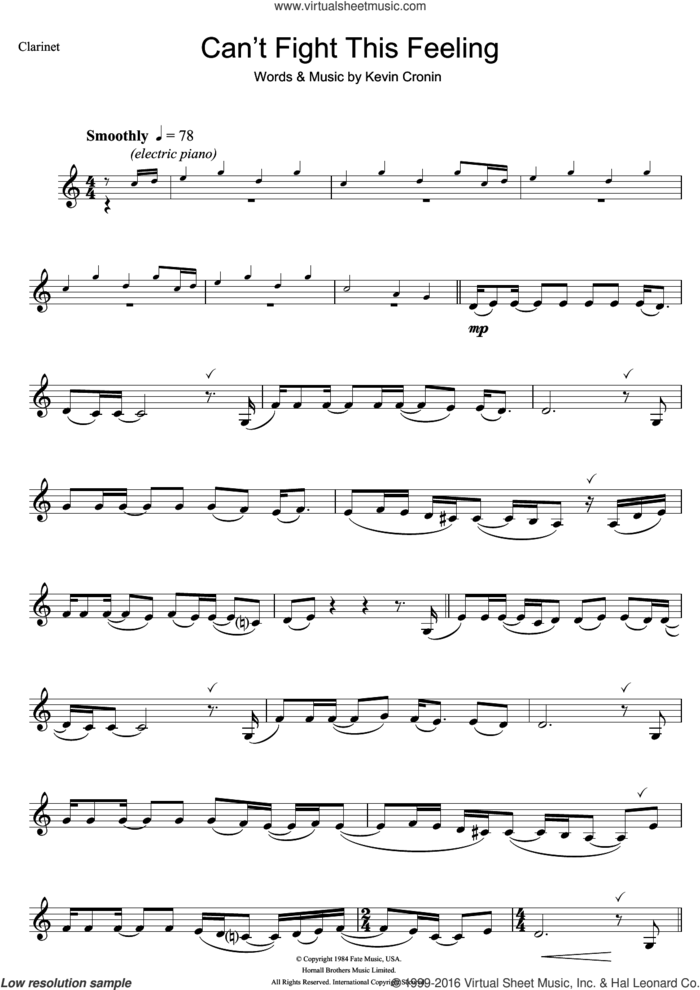 Can't Fight This Feeling sheet music for clarinet solo by REO Speedwagon and Kevin Cronin, intermediate skill level