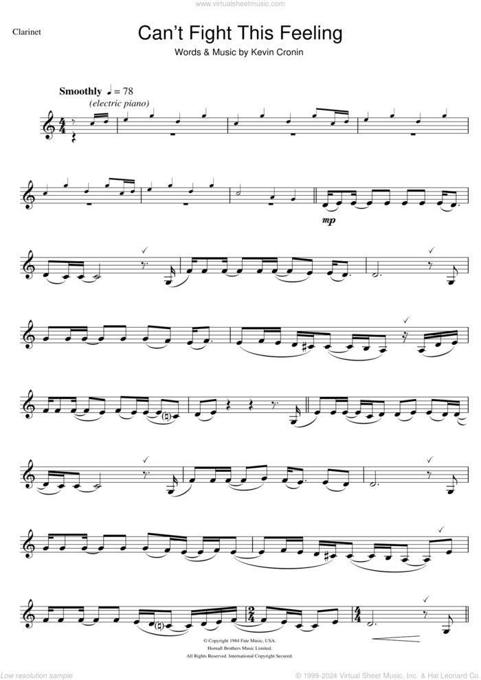 Can't Fight This Feeling sheet music for clarinet solo by REO Speedwagon and Kevin Cronin, intermediate skill level