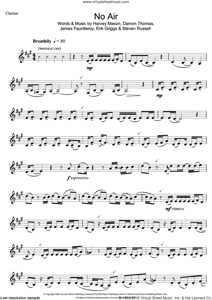 No Air sheet music for clarinet solo by Jordin Sparks, Damon Thomas, Erik Griggs, Harvey Mason, James Fauntleroy and Steven Russell, intermediate skill level