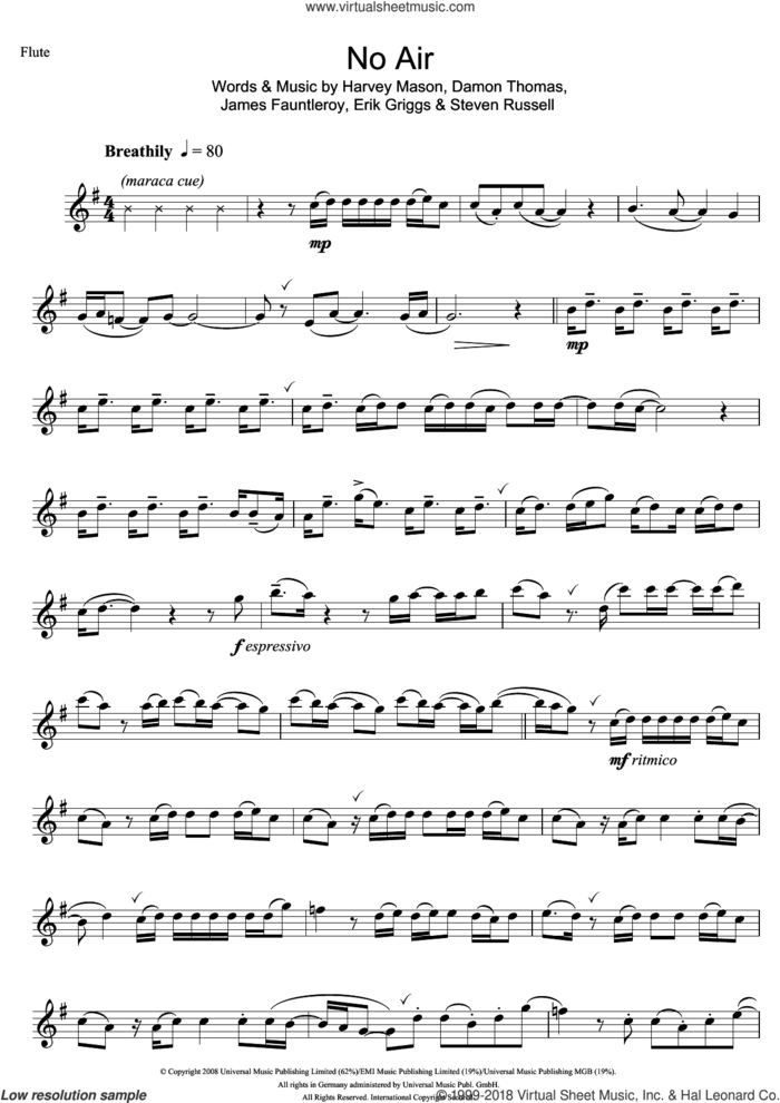 No Air sheet music for flute solo by Jordin Sparks, Damon Thomas, Erik Griggs, Harvey Mason, James Fauntleroy and Steven Russell, intermediate skill level