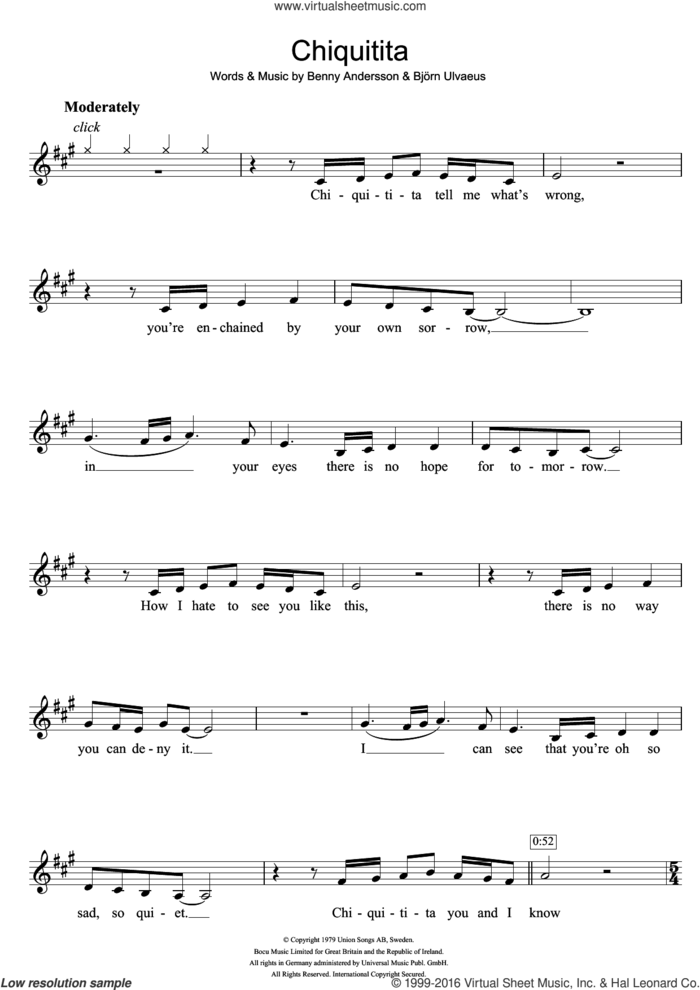 Chiquitita sheet music for clarinet solo by ABBA, Benny Andersson and Bjorn Ulvaeus, intermediate skill level
