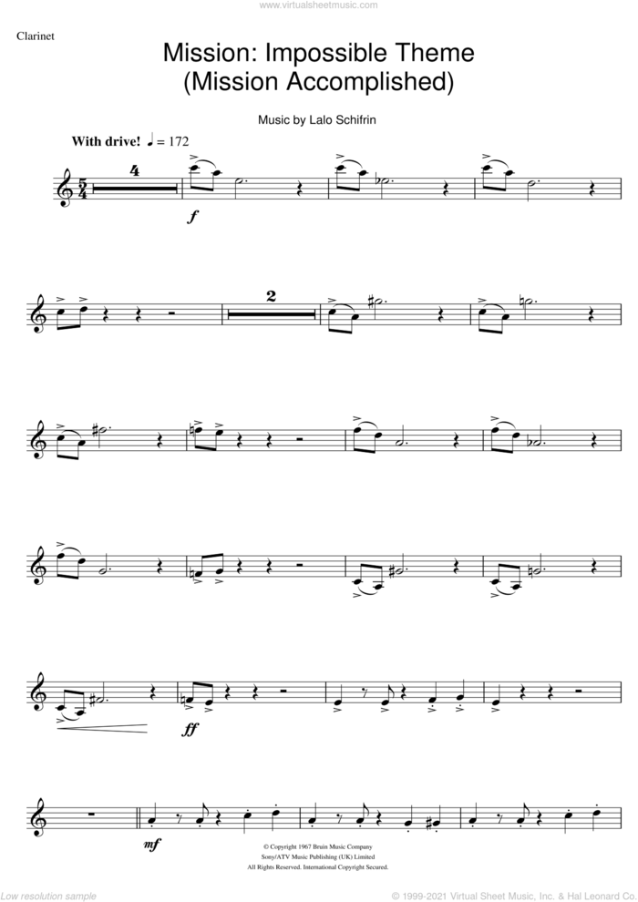Mission: Impossible Theme (Mission Accomplished) sheet music for clarinet solo by Lalo Schifrin and Fed Milano, intermediate skill level