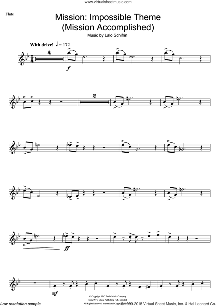 Mission: Impossible Theme (Mission Accomplished) sheet music for flute solo by Lalo Schifrin and Fed Milano, intermediate skill level