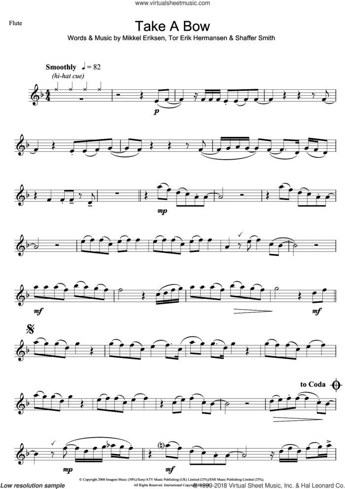 Take A Bow sheet music for flute solo by Rihanna, Mikkel Eriksen, Shaffer Smith and Tor Erik Hermansen, intermediate skill level