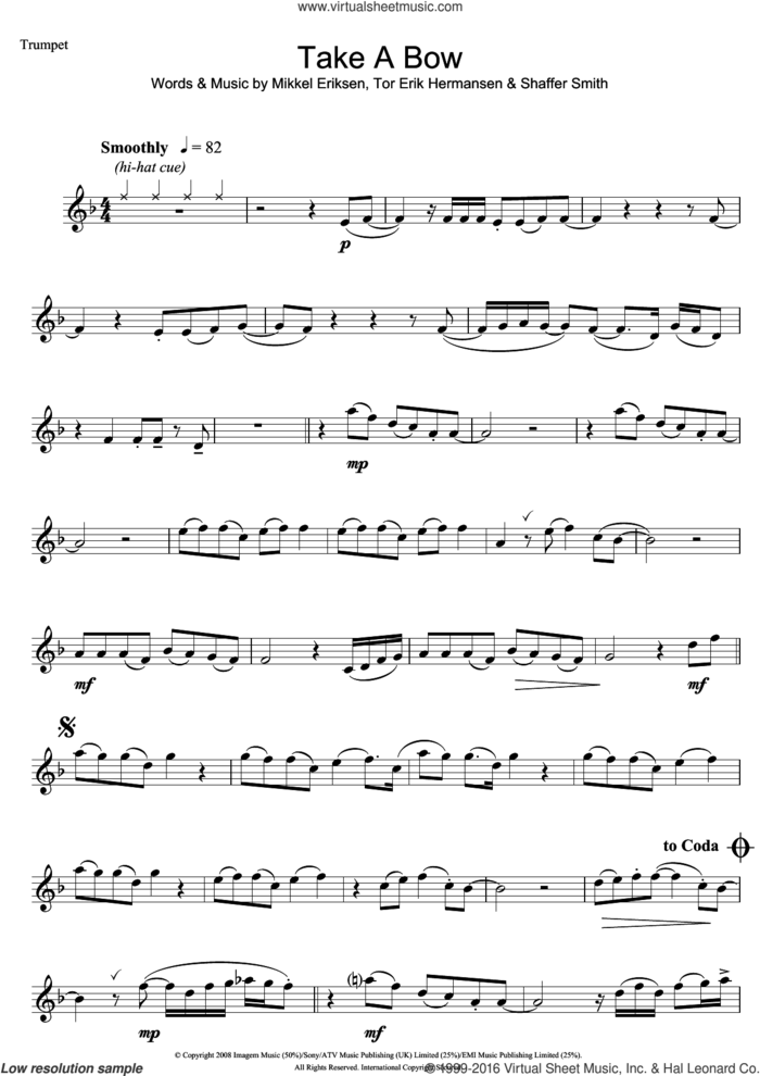 Take A Bow sheet music for trumpet solo by Rihanna, Mikkel Eriksen, Shaffer Smith and Tor Erik Hermansen, intermediate skill level