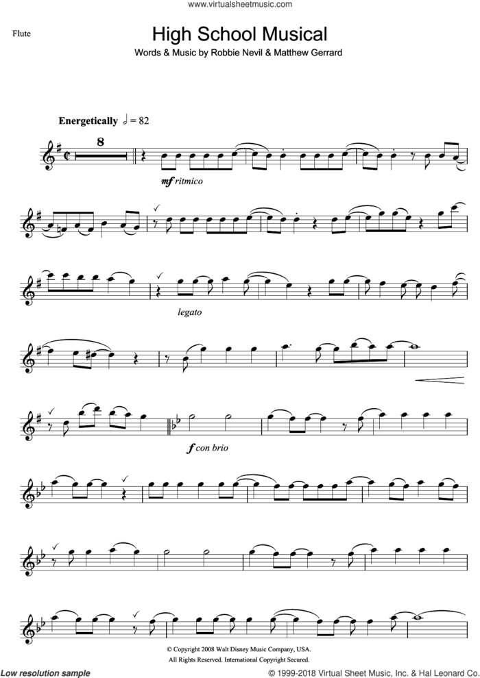 High School Musical (from Walt Disney Pictures' High School Musical 3: Senior Year) sheet music for flute solo by High School Musical, Matthew Gerrard and Robbie Nevil, intermediate skill level