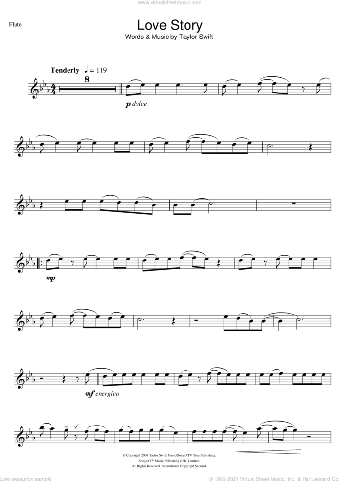 Love Story sheet music for flute solo by Taylor Swift, intermediate skill level