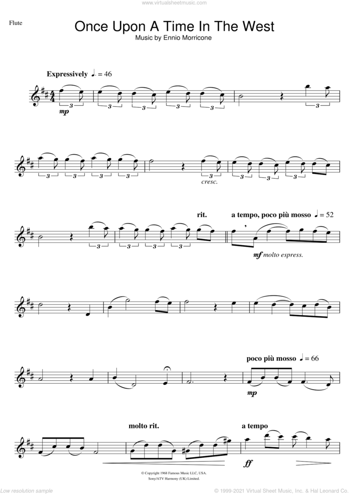 Once Upon A Time In The West (Theme) sheet music for flute solo by Ennio Morricone, intermediate skill level