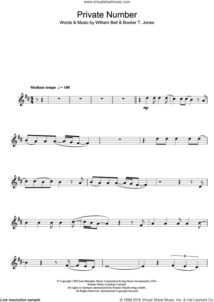 Private Number sheet music for clarinet solo by William Bell and Booker T. Jones, intermediate skill level