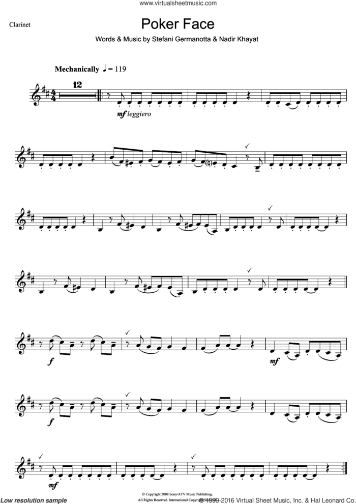 Poker Face sheet music for clarinet solo by Lady Gaga and Nadir Khayat, intermediate skill level