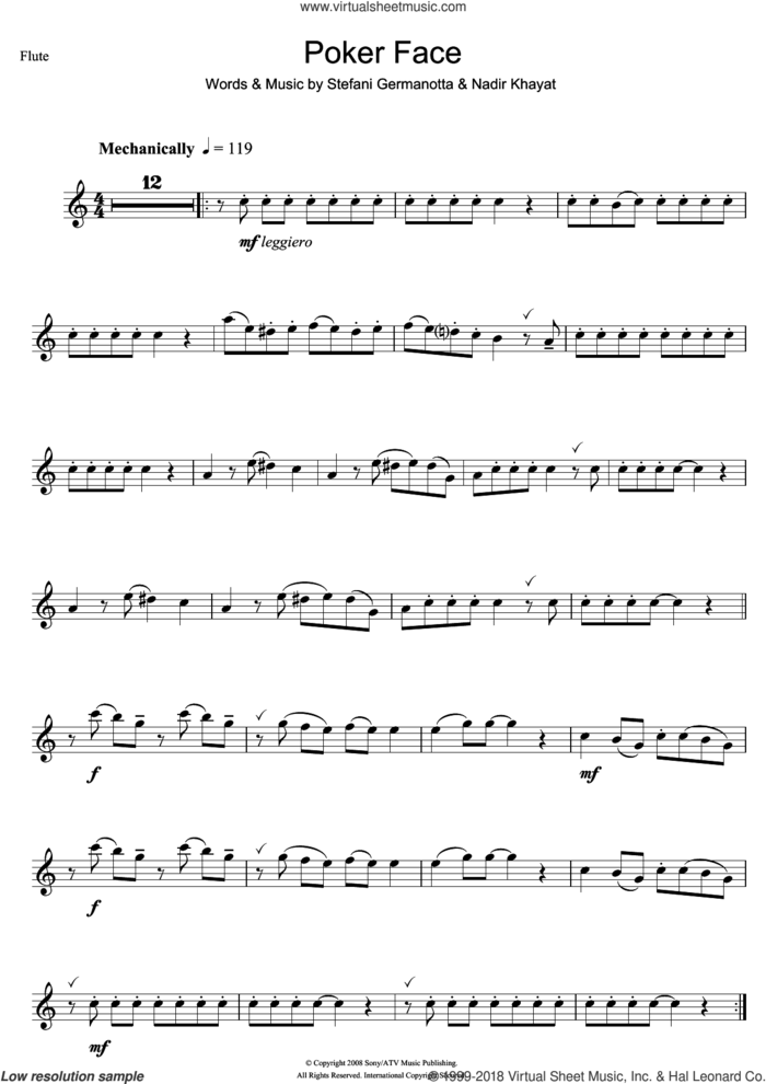Poker Face sheet music for flute solo by Lady Gaga and Nadir Khayat, intermediate skill level