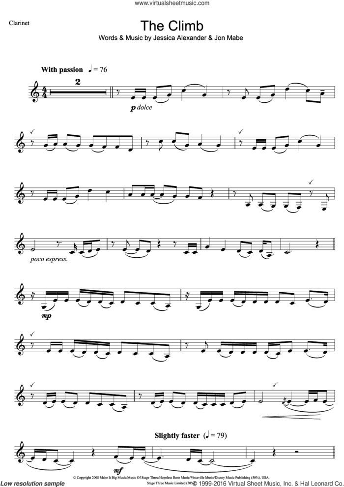 The Climb (from Hannah Montana: The Movie) sheet music for clarinet solo by Miley Cyrus, Joe McElderry, Jessica Alexander and Jon Mabe, intermediate skill level