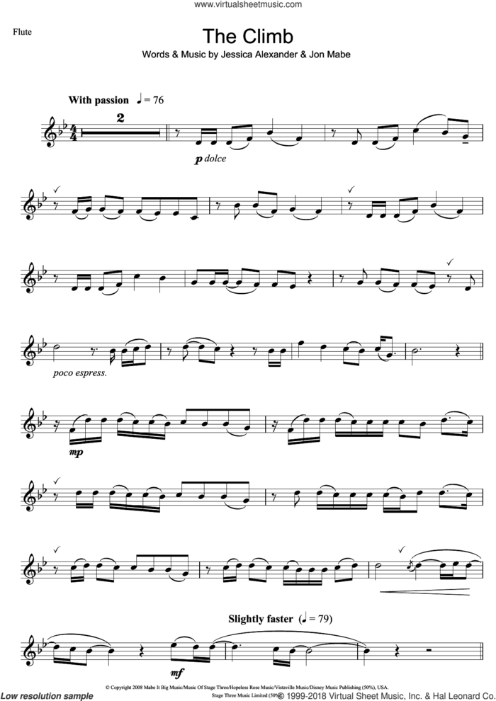 The Climb (from Hannah Montana: The Movie) sheet music for flute solo by Miley Cyrus, Joe McElderry, Jessica Alexander and Jon Mabe, intermediate skill level