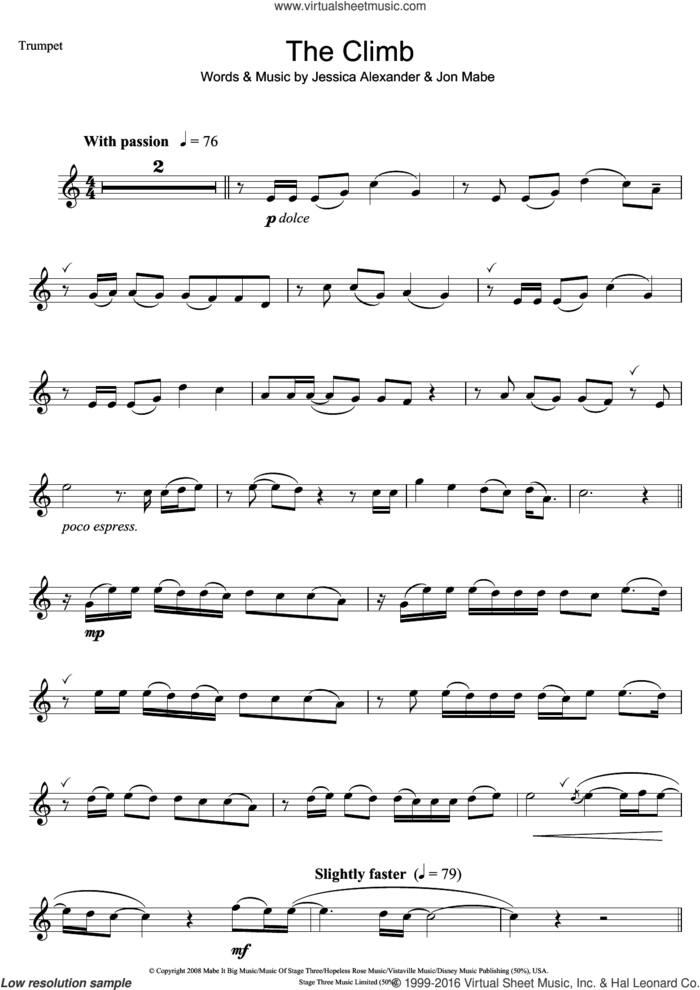 The Climb (from Hannah Montana: The Movie) sheet music for trumpet solo by Miley Cyrus, Joe McElderry, Jessica Alexander and Jon Mabe, intermediate skill level