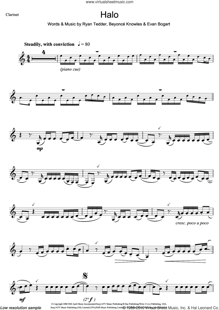 Halo sheet music for clarinet solo by Beyonce, Evan Kidd Bogart and Ryan Tedder, intermediate skill level